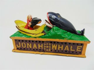 Vintage Cast Iron Hand Mechanical Coin Bank “jonah And The Whale”