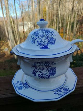 Vintage Blue /white Floral Soup Tureen With Underplate,  Lid,  Ladel