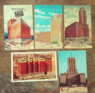 5 Vintage Chicago Hotel Postcards,  Morrison,  Drake,  Sherman,  Atlantic,  Stevens