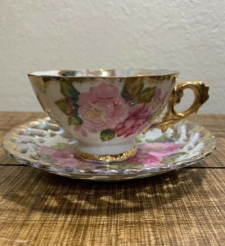 Royal Sealy China Cup & Pierced Saucer Japan Reticulated Iridescent Lusterware