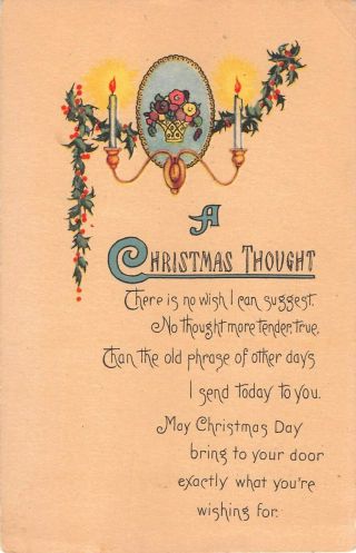 Old Arts & Crafts Christmas Motto Postcard - Flowers,  Candles,  & Holly