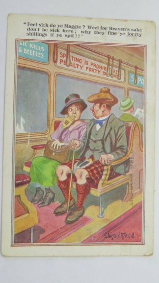 1930s Inter - Art Mcgill Vintage Comic Postcard Bus Tram Scotsman Travel Sickness