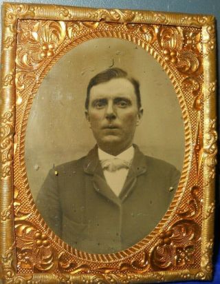 1/9th Size Tintype Sharp Image Of Young Man In A Brass Frame/mat