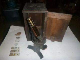 Vintage 19th Century Brass James Queen Philadelphia Microscope With Case