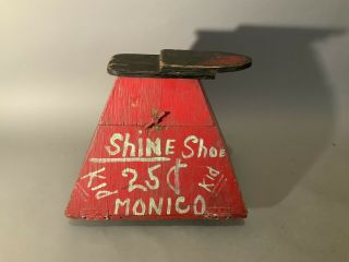 Vintage Folk Art Americana Red Painted Wood Shoe Shine Box W/ Hand Lettering