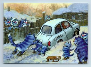 Cats Push Old Car Out Of Snow Russian Winter Comic Peasant Unposted Postcard