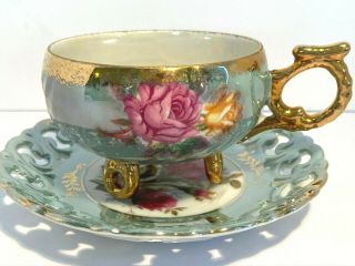 Vintage Royal Sealy China Tea Cup Saucer Turquoise / Teal With Pink Rose Floral