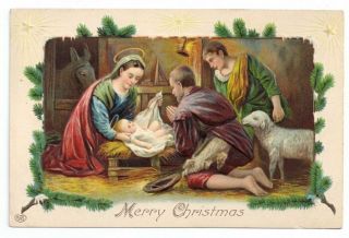 Christmas Nativity Scene Holy Family Shepherds Vntg Eas Embossed Litho Postcard