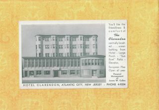 Nj Atlantic City 1940s Era Vintage Postcard Hotel Clarendon 122 S Virginia Ave