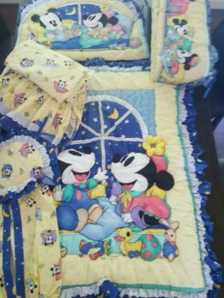 Disney Baby Vtg Mickey Mouse Minnie Baby Crib Comforter Set 5 Pc Rare Blanket