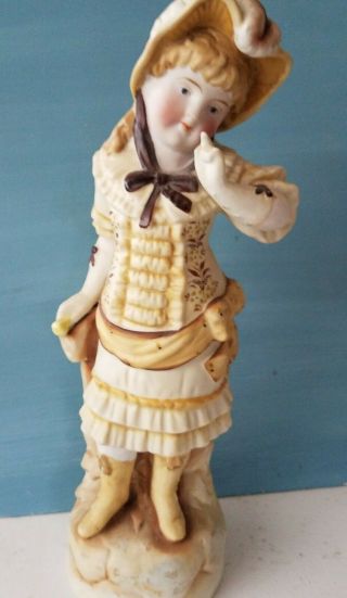 Large Antique German Bisque Figurine Young Lady Girl Yellow With Gold