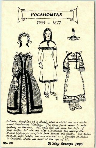 Vintage Paper Doll Postcard " Pocahontas " Artist - Signed Kay Stamps 80 -