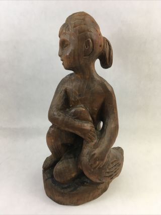 Vintage Hand Carved Figurine Girl With Duck 9.  25 " Dark Wood Doll