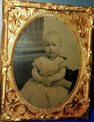 1/9th Size Tinted Tintype Sharp Image Of Young Child In A Brass Frame/mat