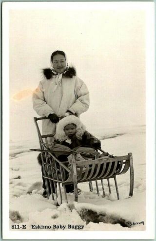 Vintage Alaska Rppc Postcard " 811 - E - Eskimo Baby Buggy " - Robinson Photo C1950s
