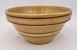 7 In Antique Yellow Stone Ware Pottery Mixing Bowl With Brown & White Bands