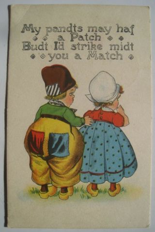 Cute Dutch Couple Old 1914 Postcard; Boy With Patch On Pants