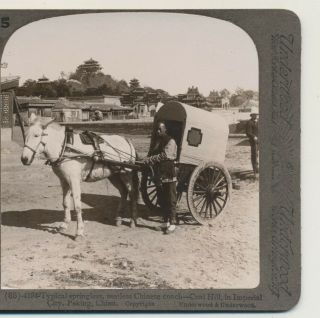 Typical Seatless Horse Drawn Coach Coal Hill Peking China Stereoview C1900