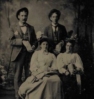 Tintype Photo T232 Group Of 4 Posing In Brimmed Hats W/ Bag Of Snacks