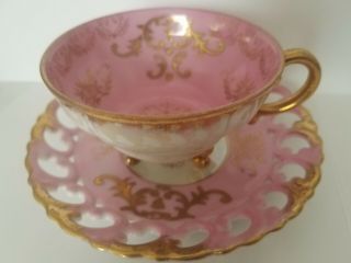 Antique Royal Sealy Pink And Gold Iridescent 3 Footed Tea Cup And Saucer