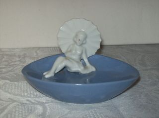 Vintage Porcelain Half Doll Related Blue & White Bathing Beauty W/ Parasol On C