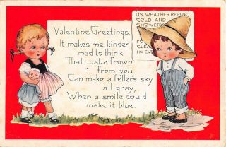 Old Art Deco Whitney Valentine Pc - Cute Little Farmer Boy & Little Girl With Dol