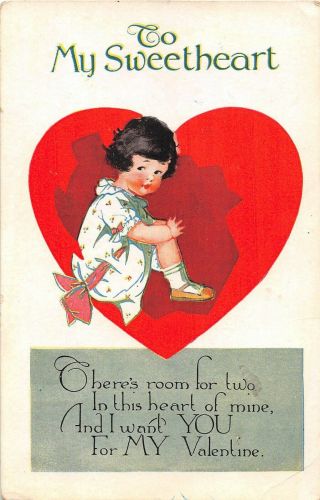 Sweet Little Girl By Big Heart On Old Art Deco Valentine Postcard - No V47