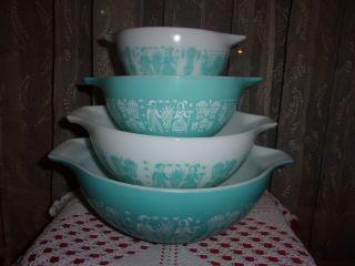 Vintage 1957 Pyrex Butterprint Cinderella Bowls Complete Set 441 442 443 444 Euc