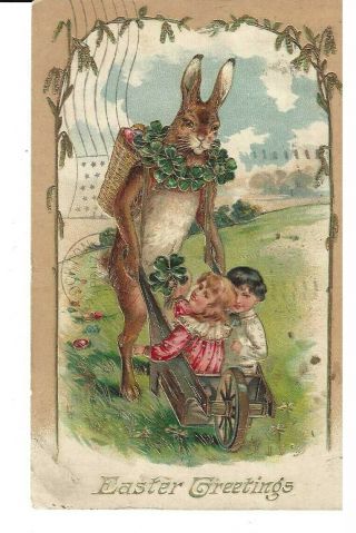 Vintage Easter Greetings Rabbit Pulling Cart With Two Children.  Shamrock,  Gold