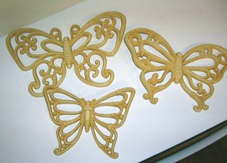 3 Vintage Homco Butterflies Wall Decor Faux Wicker 7537 Usa - Cream