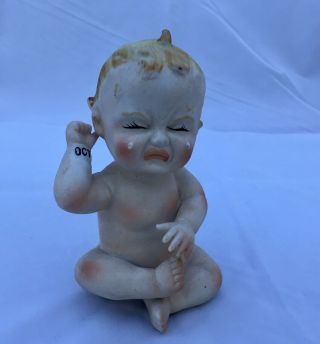Vintage 1958 Tmj James Bisque Porcelain Crying Piano Baby Figurine October 4.  5 "