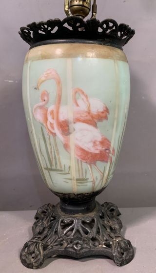 Ca.  1900 Antique Victorian Style Pink Flamingo Painted Glass Old Parlor Lamp