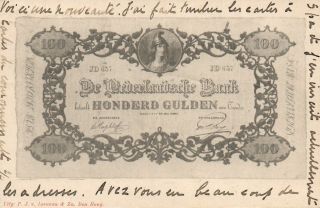 1902 Vintage Netherlands 100 Gulden Banknote Postcard - Red 5c Netherlands Stamp