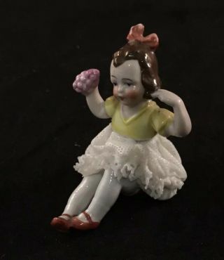 Vintage German Dresden Lace Art Porcelain Figure Seated Young Girl Miniature