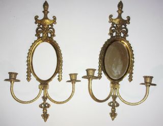 Pair Ornate Vintage Large Brass Wall Double Candle Sconces With Mirror