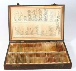 Vintage 1930s Wood Box W/ Prepared Medical Microscope Slides Palo - Myers Inc Ny
