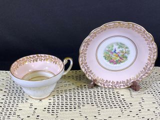 Foley Eb 1850 Fine Bone China England Teacup & Saucer Bird Pink Gold Trim