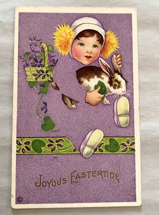 Vintage Easter Postcard - Fadeaway - Young Girl Holds Brown & White Rabbit