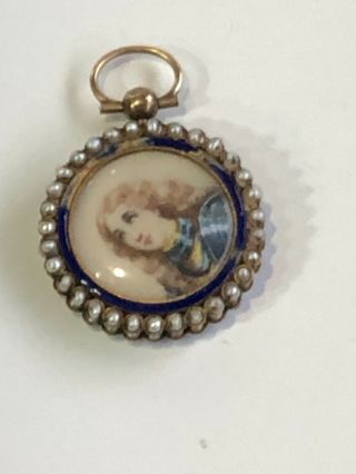 19th Antique Victorian Solid Gold Enamel Paintinting Portrait Miniature Pendant