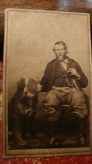 Antique Cdv Photo Man With Two Headed Dog