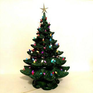 Vintage 22 Inch Large Lighted Ceramic Christmas Tree 2 Piece Atlantic Mold Flaw