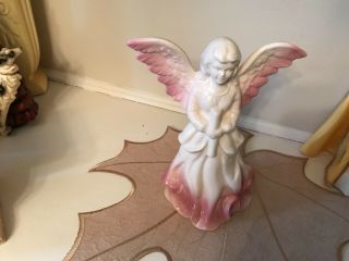 Vintage White And Pink Winged Angel Glazed Holding Scroll Figurine
