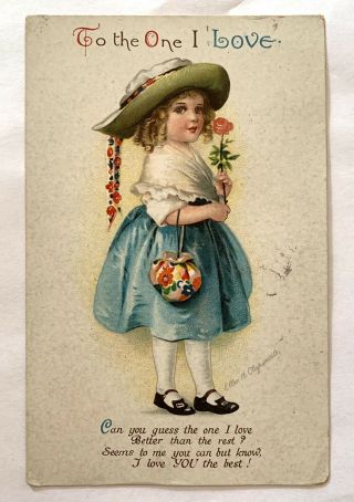 Vintage Valentine Postcard - Ellen Clapsaddle - Pretty Girl In Blue With Rose