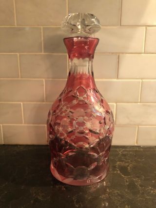 Vintage Cranberry/pink Cut To Clear Crystal Decanter Made In Germany