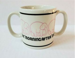 Vintage 80s The Morning After Mug Double Handle Coffee Cup Pink Elephants