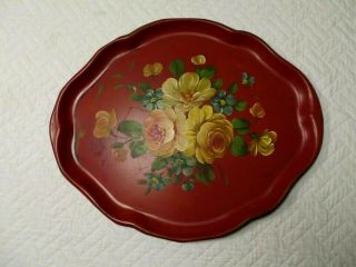 Antique Oblong 17 " Hand Painted Toleware Metal Roses Serving Tray Christmas Vtg