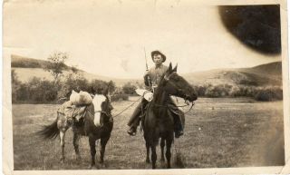 Vintage Photo Cowboy Rifle Two Horses Pack Horse Country View Early 1900 