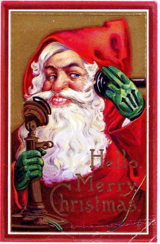 Christmas Dear Old Santa Talking On Stick Telephone Gold Emboss Antique Postcard