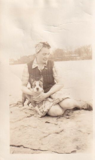Vintage Snapshot: Woman W/hair Bandanna Sitting On Beach W/boston Terrier Dog