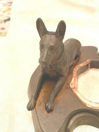 Vintage Bronze German Shepard Dog Dish Ashtray Green Depression Glass Insert 2